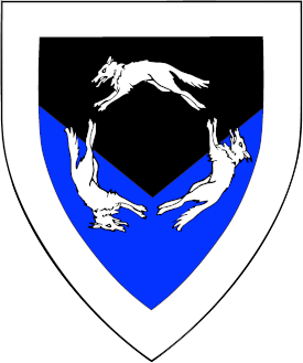 Per chevron inverted sable and azure, three wolves courant in annulo, a bordure argent.