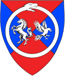 Per saltire gules and azure, within a serpent in annulo vorant of its owntail, in fess a horse rampant and a raven striking contourny argent