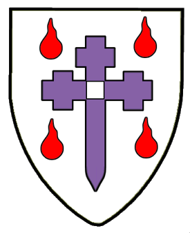 Argent, a cross crosslet fitchy square pierced purpure between four gouttes gules.