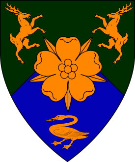 Per chevron vert and azure, a rose between two stags combattant and a swan closeOr Device or arms for Mariana Gabrielli