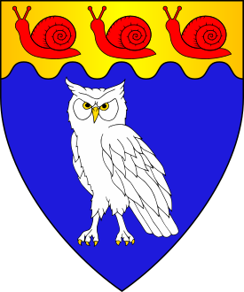 Azure, an owl argent and on a chief wavy Or three snails gules.