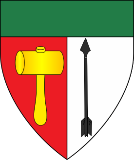 Per pale gules and argent, a mallet Or and an arrow inverted sable, a chief vert.