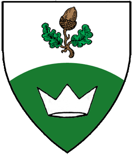 Per fess enarched argent and vert, in pale an acorn, slipped and leaved, proper and a coronet argent.