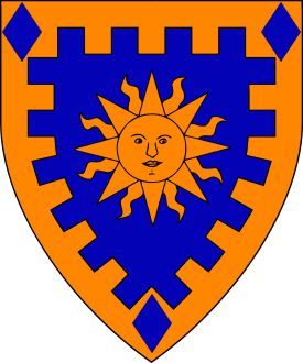 Azure, a sun in splendor, on a bordure embattled Or three lozenges azure Device or arms for Merlin Le Roux