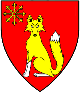 Gules, a fox sejant guardant Or marked argent and in canton an escarbuncle Or.