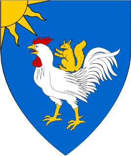 Azure, a dunghill cock argent maintaining on its back a squirrel, issuant from canton a demi-sun Or.
