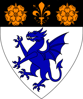 Argent, a dragon azure and on a chief sable a fleur-de-lys between two double-roses Or