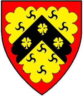 Or semy of triskeles, on a chevron sable three four leaved shamrocks slipped Or all within a bordure engrailed gules.