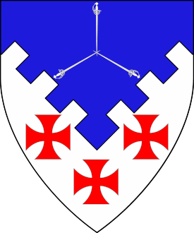 Per chevron inverted embattled azure, in chief three rapiers in pall inverted tips crossed and argent, in base three crosses formy two and one gules