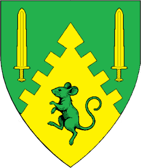 Per chevron embattled vert and Or, two swords and a mouse rampant counterchanged