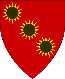 Gules, in bend three suns Or eclipsed sable