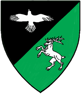 Per bend sinister sable and vert, a raven migrant and a stag rampant argent.