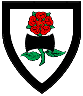 Argent, a rose gules, slipped and leaved vert, surmounted on the stem by a double-bitted axe blade, all within a bordure sable.