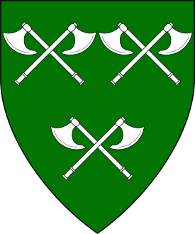 Vert, three pairs of axes in saltire argent.