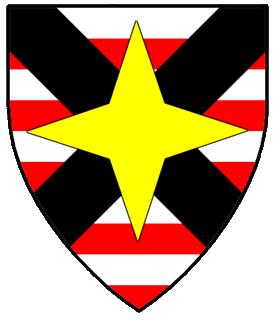Barry argent and gules, a saltire sable, overall a mullet of four points Or.