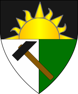 Per fess sable and per pale argent and vert, in pale a demi-sun issuant from the line of division Or and a hammer bendwise proper.