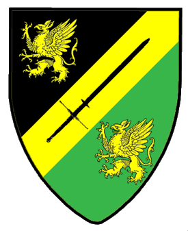 Per bend sinister sable and vert, on a bend sinister between two griffins segreant Or a flamberge sable.