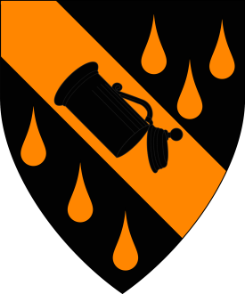 Sable, on a bend between six gouttes Or an open covered stein inverted sable