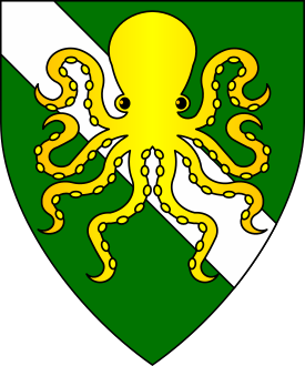 Vert, a bend argent, overall a polypus Or.