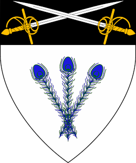 Argent, a sheaf of peacock feathers proper and on a chief sable two rapiers in saltire proper. Device or arms for Raffaella di Contino