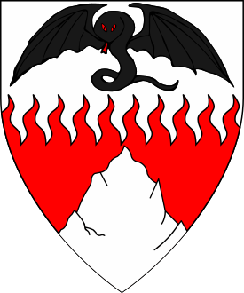 Per fess rayonny argent and gules, a pithon erect guardant wings displayed sable and a mountain argent.