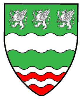 Vert, a fess wavy in chief three griffins segreant argent a base wavy barry wavy argent and gules.