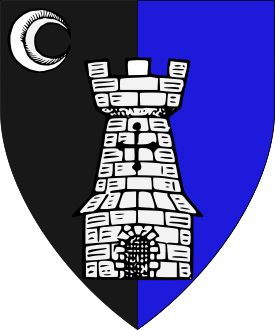 Per pale sable and azure, a tower and in canton a decrescent argent.