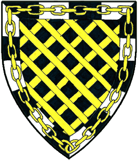 Sable fretty Or, on a bordure compony sable and argent an orle of chain Or.