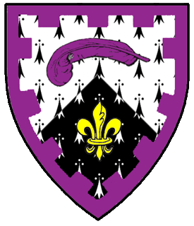 Per chevron ermine and counter-ermine, a feather fesswise embowed purpure and a fleur-de-lys Or, a bordure embattled purpure.