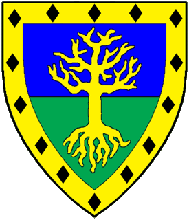 Per fess azure and vert, a tree blasted and eradicated Or, a bordure Or semy of lozenges sable.