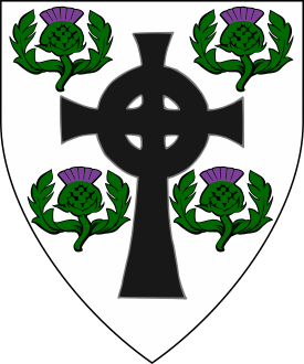 Argent, a Celtic cross sable between four thistles proper.