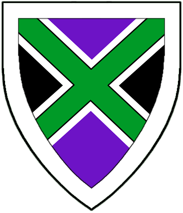 Per saltire purpure and sable, a saltire vert fimbriated and a bordure argent.