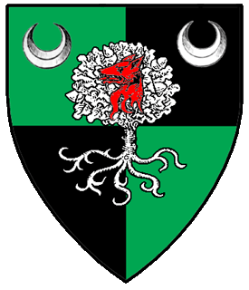 Quarterly vert and sable, on a tree eradicated between in chief two crescents argent a wolf's head erased gules.