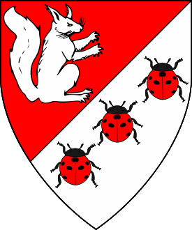 Per bend sinister gules and argent, a squirrel contourny argent and three ladybugs proper.