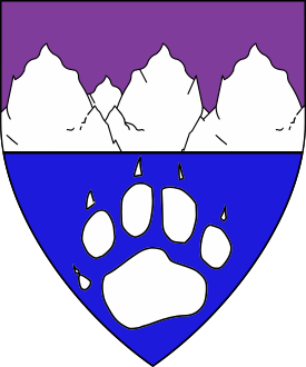 Per fess purpure and azure, a mountain range issuant from the line of division and a paw print argent.