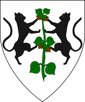 Argent, in fess a hazel branch fructed vert sustained between two domestic cats combattant sable.