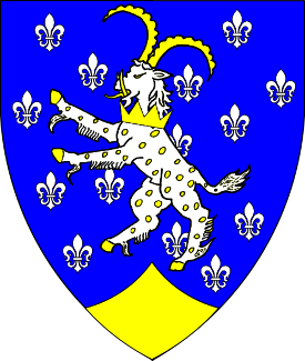 Azure semy-de-lys, a yale rampant argent spotted, armed, and gorged of a crown, a point pointed Or Device or arms for Susane le Peyntour