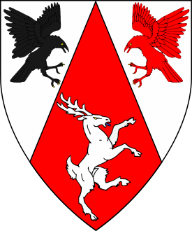 Per chevron throughout argent and gules, two ravens striking respectant the dexter sable and the sinister gules and a stag rampant contourny argent.