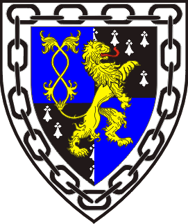 Quarterly azure and counter-ermine, a lion rampant contourny queue-forchy Or, on a bordure argent an orle of chain sable.