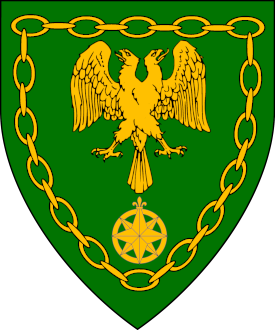 Vert, a double-headed eagle and in base a compass rose, an orle of chain Or