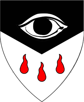 Per chevron inverted sable and argent, an eye argent irised sable and three gouttes de sang