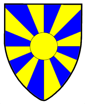 Gyronny of sixteen, azure and Or, a bezant.