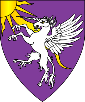 Purpure, a ray of the sun issuant from dexter chief Or, overall a winged unicorn segreant argent.