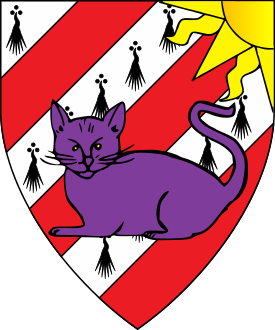 Bendy sinister ermine and gules, a domestic cat couchant guardant purpure, issuant from sinister chief a demi-sun Or.