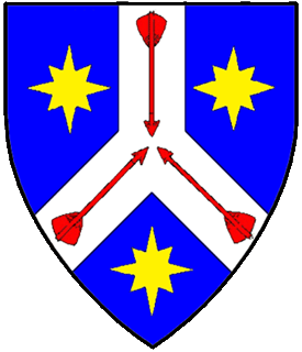 Azure, on a pall inverted argent between three compass stars Or three arrows points to center gules.