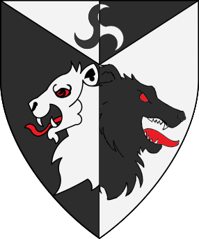 Per pale sable and argent, a lion's head and a bear's head erased addorsed and conjoined, on a chief triangular a triskele counterchanged.