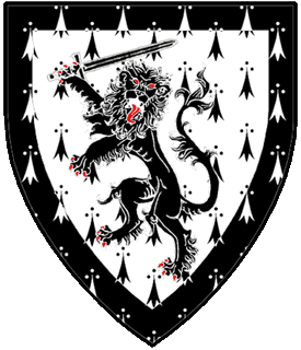 Ermine, a lion rampant guardant maintaining a sword sable within a bordure counter-ermine.