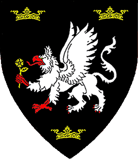 Sable, a griffin passant argent maintaining a rose slipped and leaved between three Ducal coronets Or.