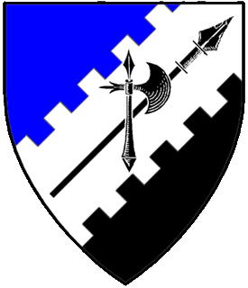 Per bend sinister azure and sable, on a bend sinister embattled counter-embattled argent, a spear surmounted by an axe palewise reversed sable.