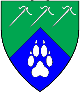 Per chevron vert and azure, three needles bendwise sinister and a pawprint argent.